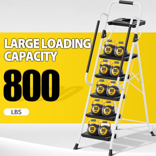 KINGRACK 3 Step Folding Ladder, 800lbs Capacity, Non-Skid Wide Pedals, White W71585