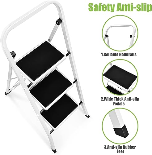 Soctone 2 Step Folding Ladder with Anti-Slip Pedal and Handrails, White V202