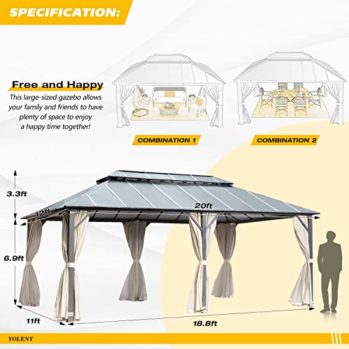 YOLENY 10' x 12' Hardtop Gazebo with Galvanized Steel Double Roof, Netting and Curtains Y84317