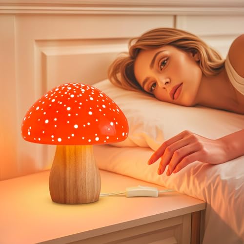 BOHON Mushroom Lamp, Ceramic Bedside Nightstand Light, Pink, LED Bulb Included T88188