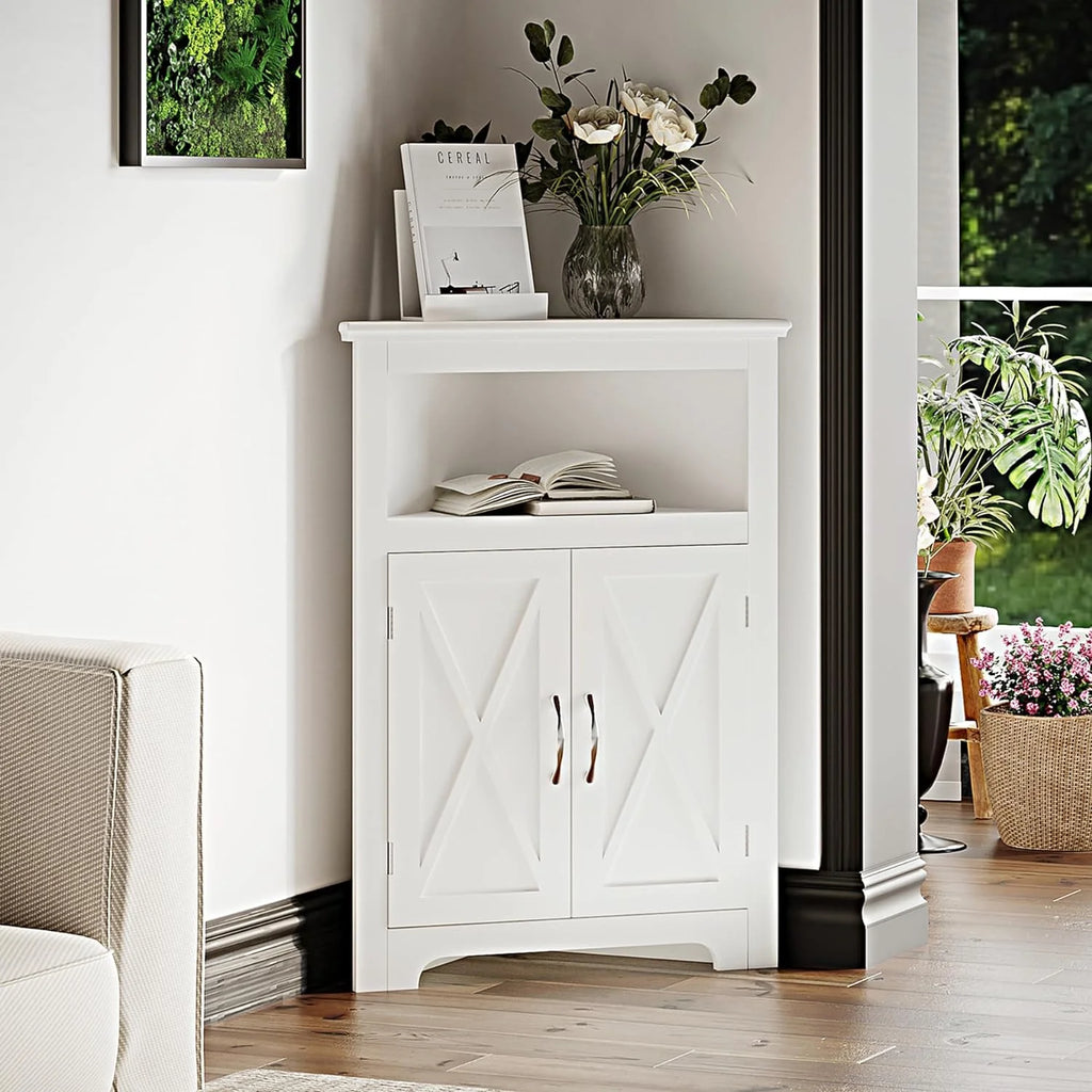 YINCHEN Corner Storage Cabinet, Small Corner Cabinet with Barn Door Design and Adjustable Shelf, Home Space Saver for Living Room, Bathroom, Kitchen, Bedroom, White