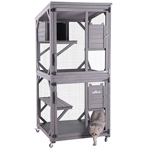 Aivituvin Outdoor Catio Wooden Large Enclosure with Wheels, Waterproof Roof Grey F897658
