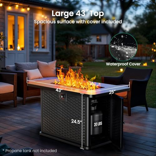 Ciays 43-Inch Rectangular Propane Fire Pit Table with Cover and Rocks R55178