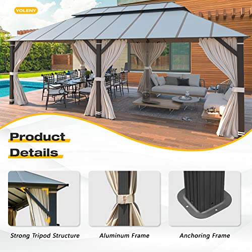 YOLENY 10' x 12' Hardtop Gazebo with Galvanized Steel Double Roof, Netting and Curtains Y84317