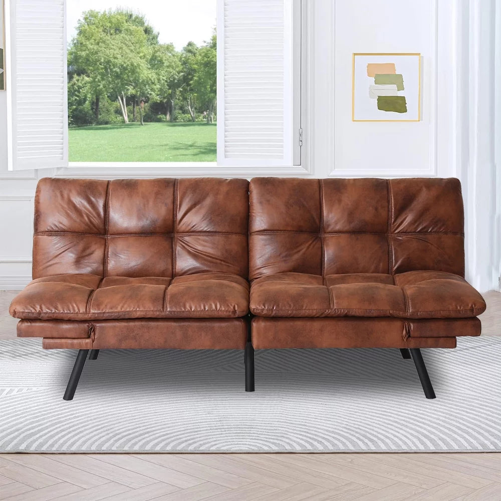 HESTINYSU 70.5'' Upholstered PU Leather Sofa, Memory Foam Futon Couch Bed, Modern Folding Sleeper Sofa,Brown