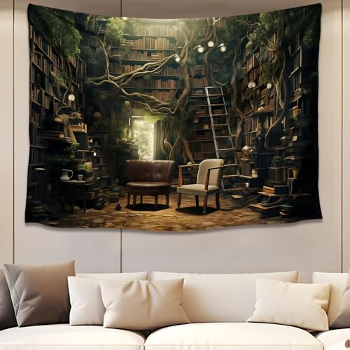 QGHOT Medieval Bookshelf Tapestry Vintage Library Wall Hanging P36533