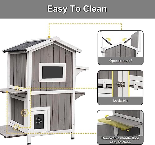 Outdoor Cat Shelter Weatherproof Two Story Wooden Feral Cat House with Openable Roof V6308