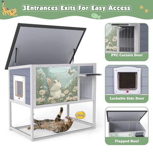 Raised Outdoor Cat House Weatherproof Insulated Shelter with Openable Top E5308