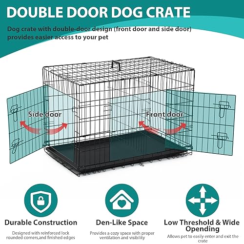 48 Inch Double-Door Folding Dog Crate with Plastic Tray, Black V44932