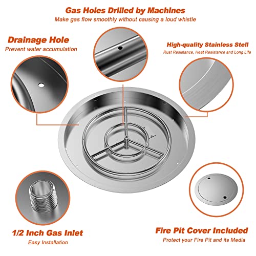 Skyflame 19 Inch Round Stainless Steel Drop in Fire Pit Pan with Burner Ring and Cover N4659