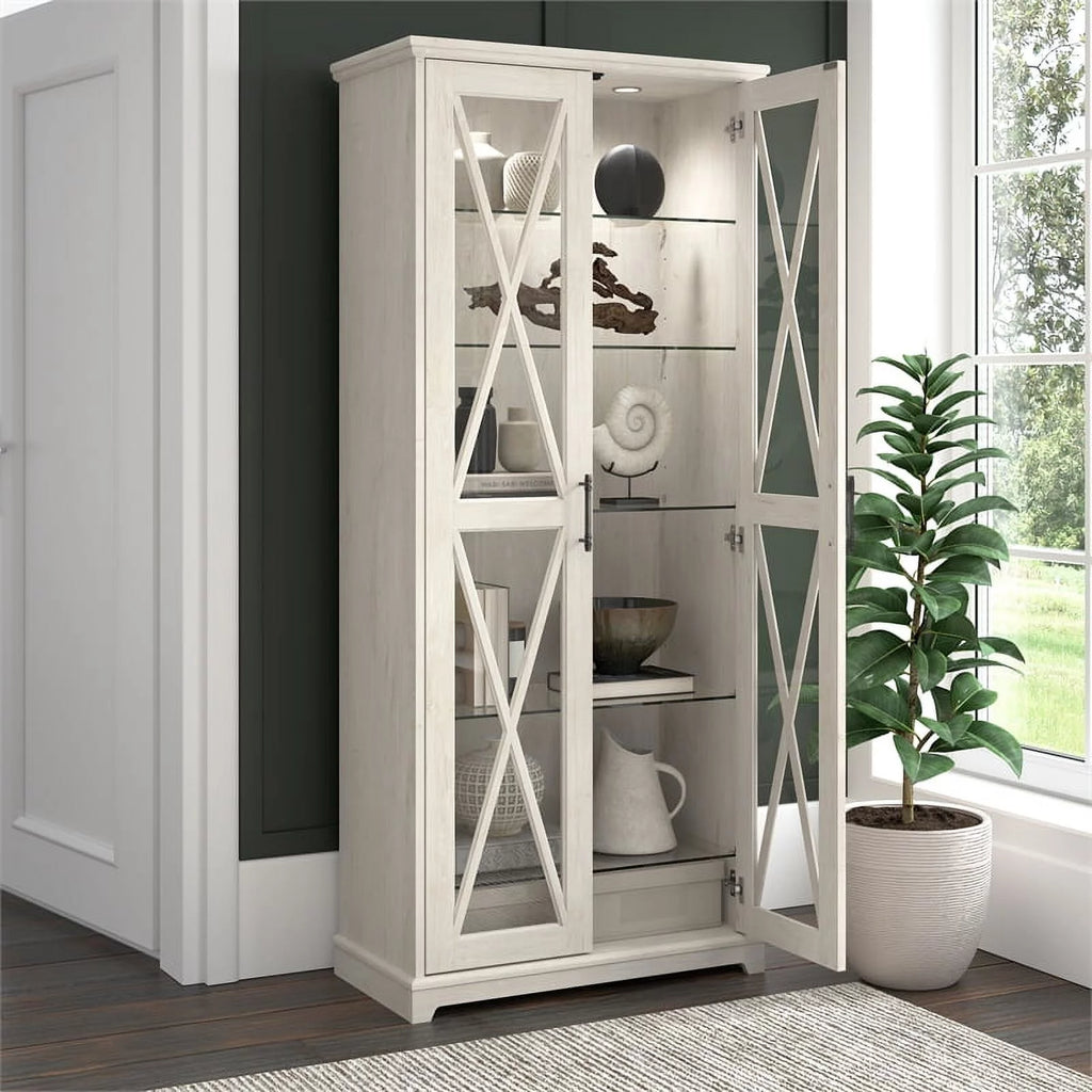 Bowery Hill Engineered Wood Curio Cabinet with Glass Doors in Linen White Oak N911429