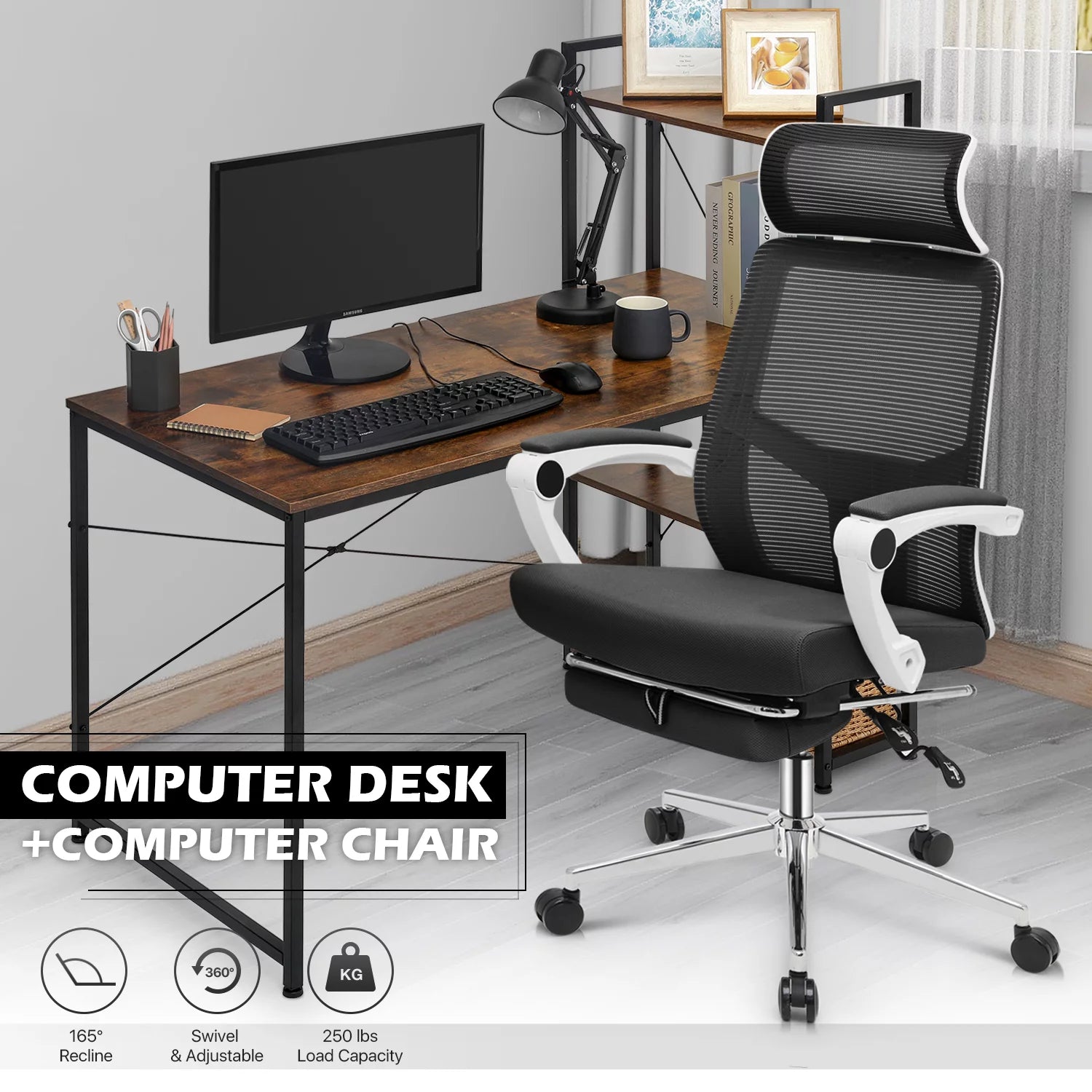 MoNiBloom Computer Desk & Chair Set with Bookshelf, Black N757916