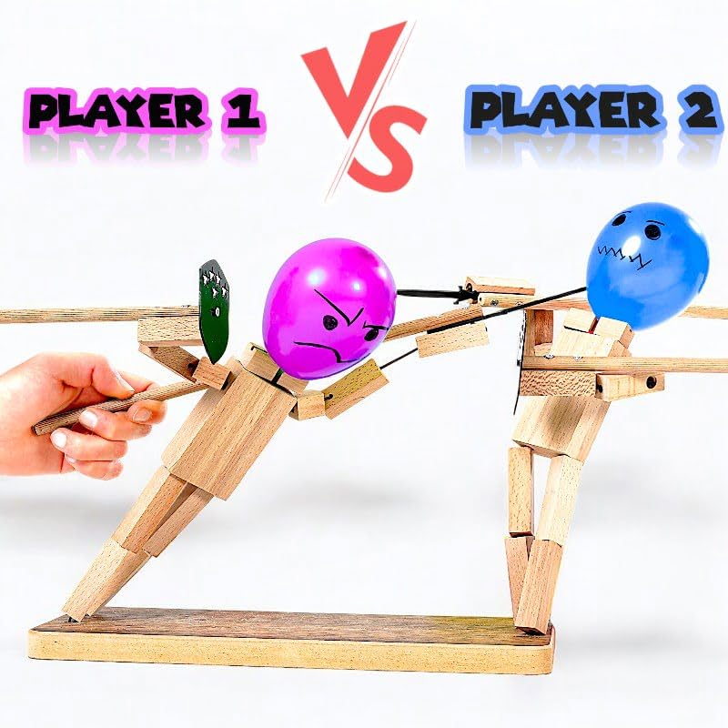 Handmade Wooden Fencing Puppets Toys, Whack A Balloon Strategy Board Game with 200 Balloons O404