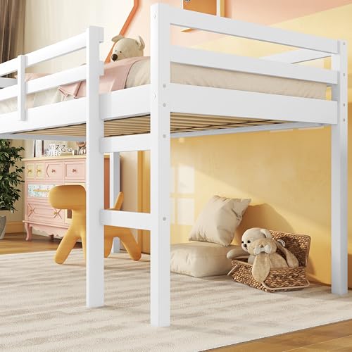 Twin Size Low Loft Bed with Ladder and Safety Guardrail, Solid Wood, White D5235