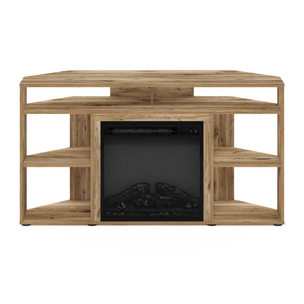 Furinno Jensen Corner TV Stand with Fireplace for TVs up to 55", Flagstaff Oak T250