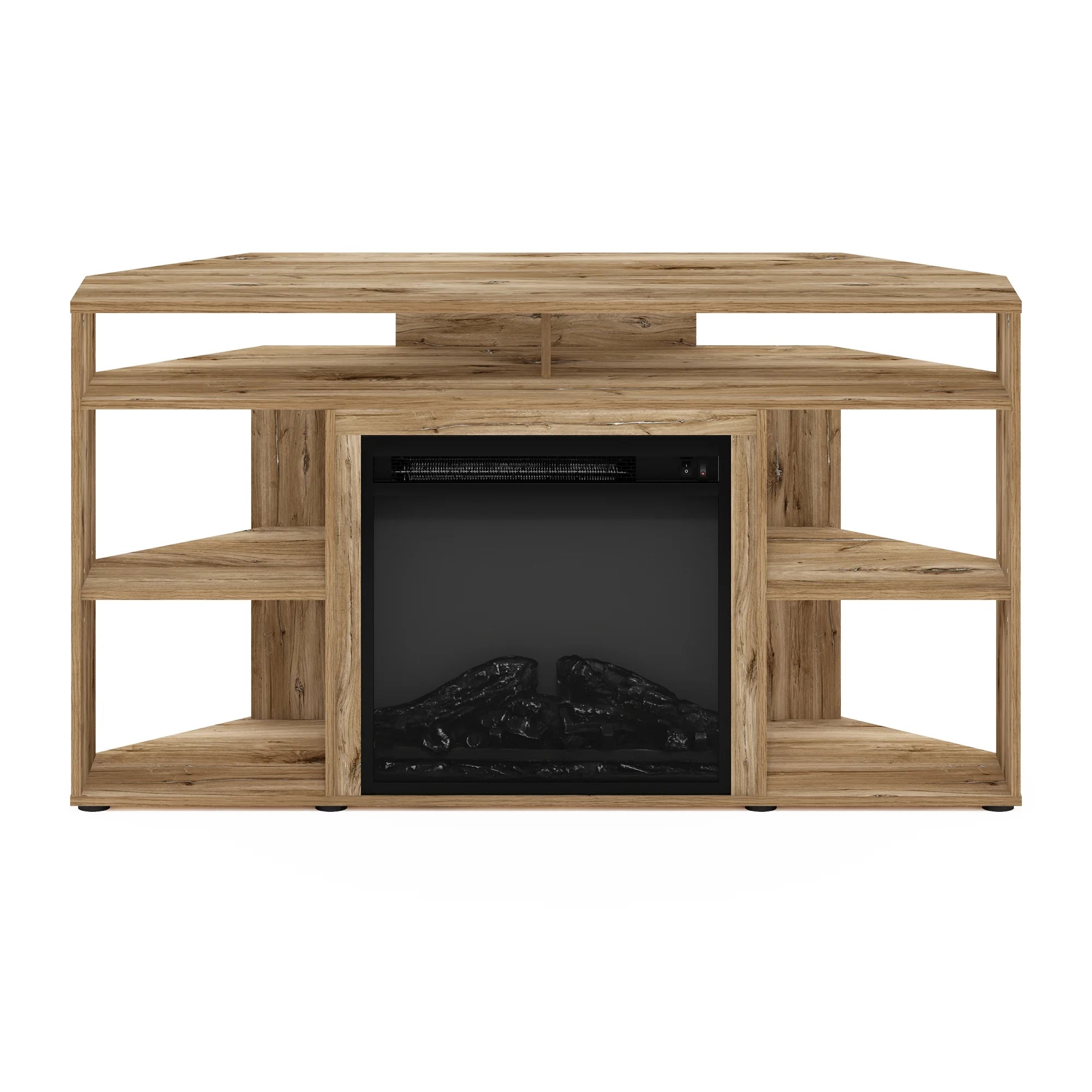 Furinno Jensen Corner TV Stand with Fireplace for TVs up to 55", Flagstaff Oak T250