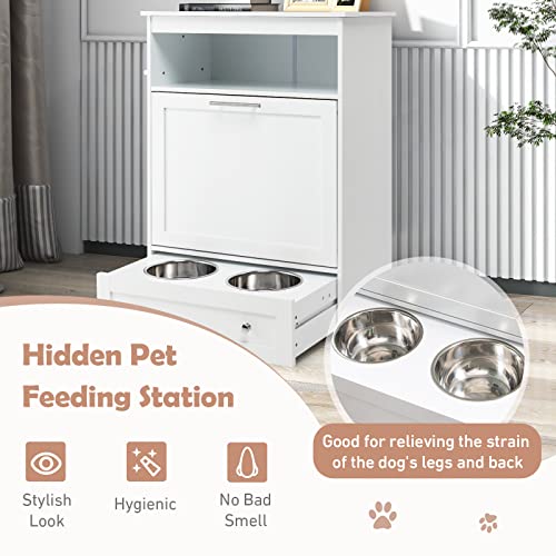 Dog Feeding Station with 2 Raised Bowls and Food Storage, White W326