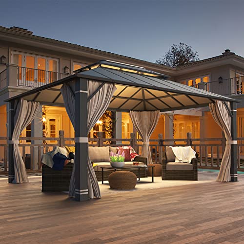 YOLENY 10' x 12' Hardtop Gazebo with Galvanized Steel Double Roof, Netting and Curtains Y84317