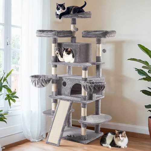 HOOMIC 68-Inch Multi-Level Cat Tree Tower for Large Cats, Beige E95340