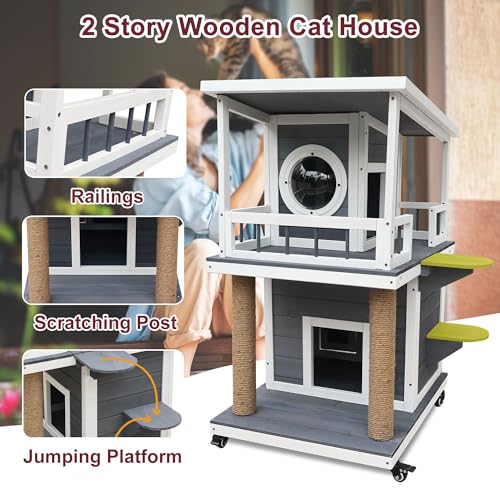 Rockever Outdoor Cat House, Large Wooden Weatherproof Shelter with Escape Door Z2462