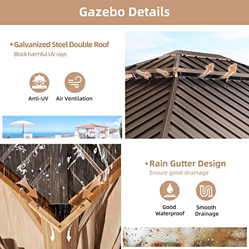 YOLENY 10' x 12' Hardtop Gazebo with Galvanized Steel Double Roof, Netting and Curtains Y84317