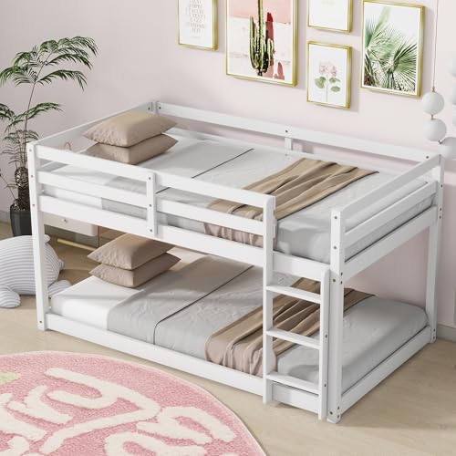 Twin Over Twin Wood Bunk Bed with Ladder and Guardrails for Kids P604