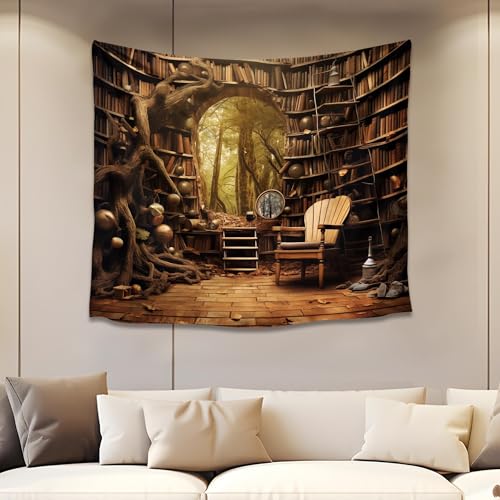 QGHOT Medieval Bookshelf Tapestry Vintage Library Wall Hanging P36533