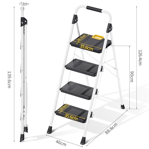 KINGRACK 3 Step Folding Ladder, 800lbs Capacity, Non-Skid Wide Pedals, White W71585