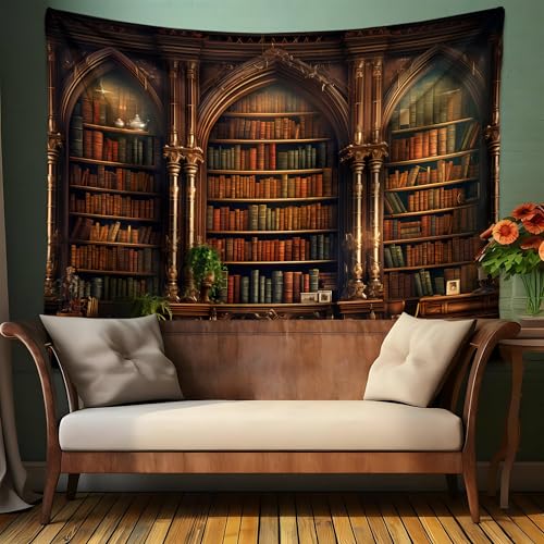 QGHOT Medieval Bookshelf Tapestry Vintage Library Wall Hanging P36533