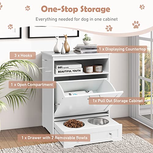 Dog Feeding Station with 2 Raised Bowls and Food Storage, White W326