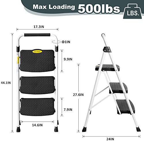 SocTone 3 Step Ladder, Folding Step Stool for Adults with Handle, 500lbs Capacity, White H81610