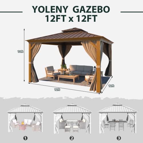 YOLENY 10' x 12' Hardtop Gazebo with Galvanized Steel Double Roof, Netting and Curtains Y84317