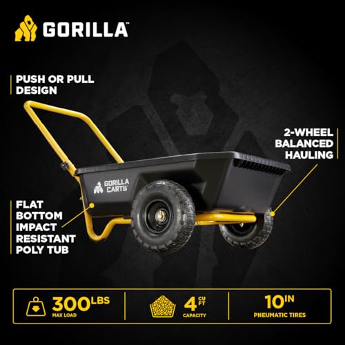 Gorilla Carts GCR-4 Poly Dump Cart, 2-Wheel Garden Wagon, 4 cu ft, 300 lb Capacity R599423
