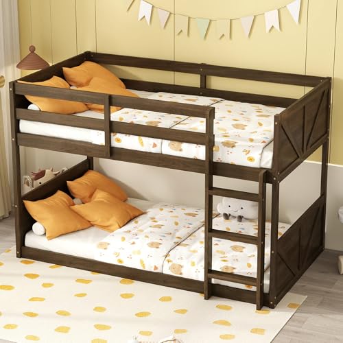 Twin Over Twin Wood Bunk Bed with Ladder and Guardrails for Kids P604