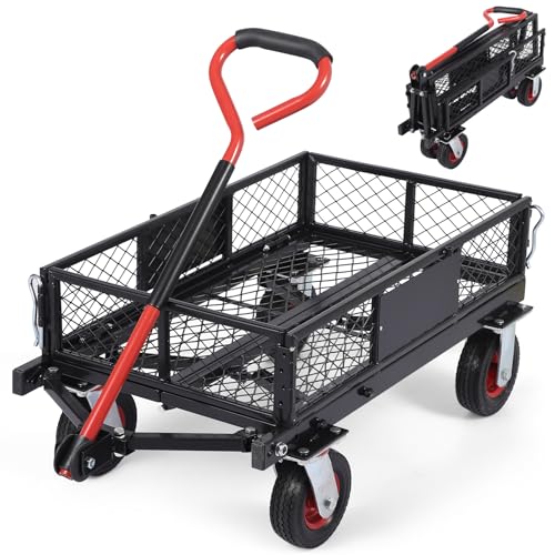 880lbs Steel Garden Dump Cart, Heavy Duty Yard Dump Utility Wagon w Removable Mesh Sides, Utility Metal Wagon w 180° Rotating Handle, 10-Inch Wheels Perfect for Garden, Farm, Yard