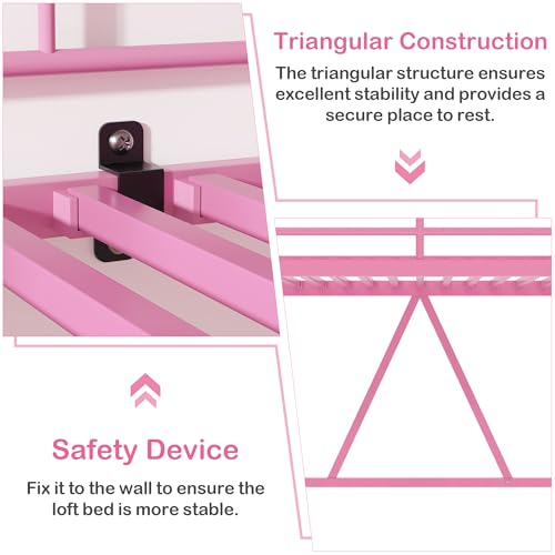 VECELO Loft Bed Twin Size Metal Frame with Ladder and Guardrail, Pink B728246