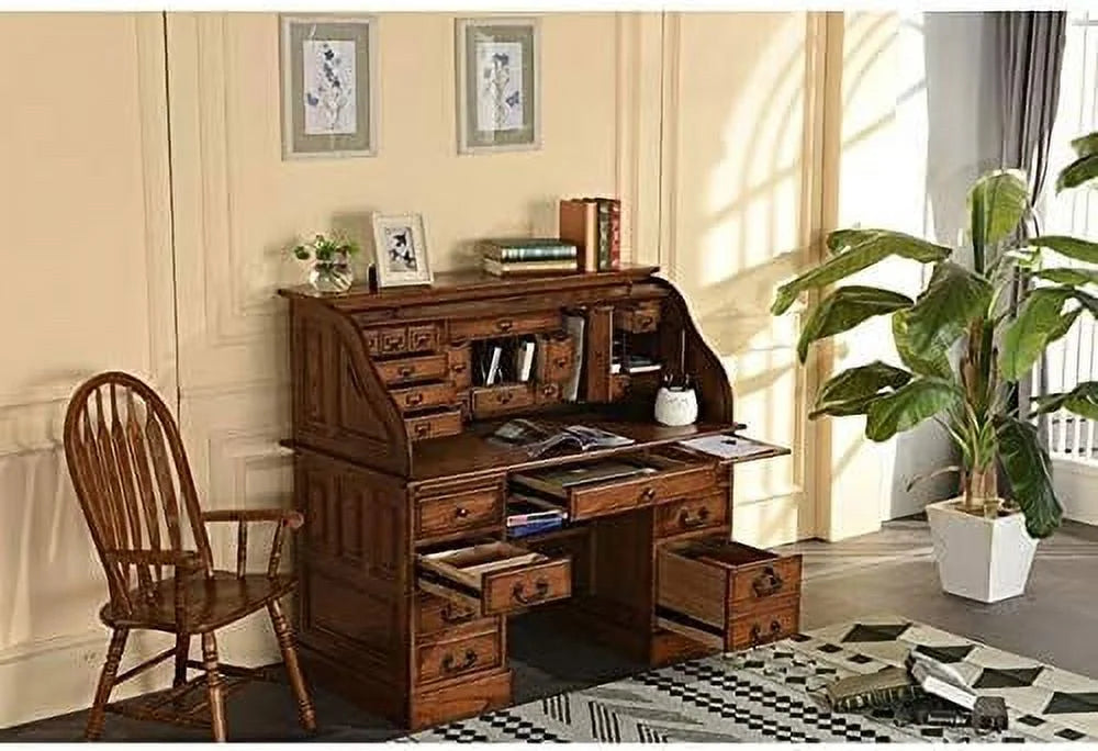 Solid Oak Wood 54 Inch Executive Rolltop Desk with Hutch X960378
