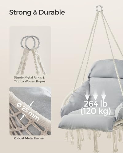 SONGMICS Hanging Chair with Large Thick Cushion, Boho Swing Chair, Cream White C225966