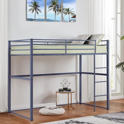 Metal Loft Bed Frame Twin Size with Safety Guard Rails & Built-in Ladder, Black C7852