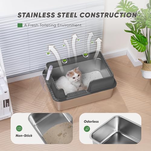 Stainless Steel Cat Litter Box with Scoop, High Sided Walls, White C360108