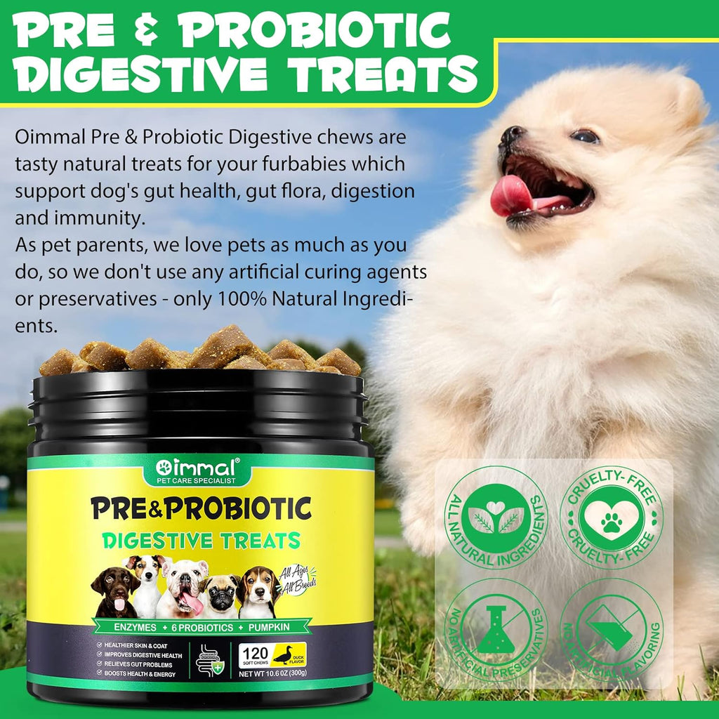 Probiotics for Dogs Digestive Enzymes & Gut Health, 120 Soft Chews, Duck Flavor A90169
