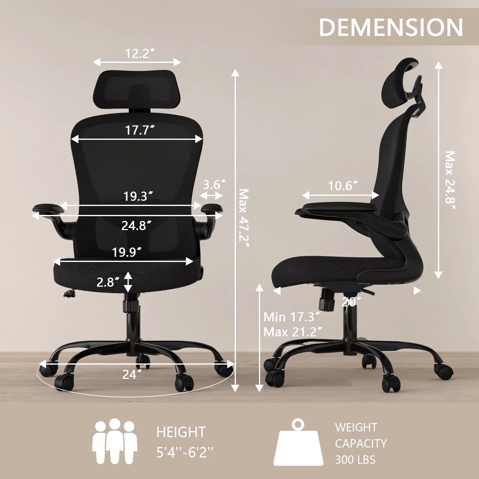 Lioncin High Back Ergonomic Office Chair with Flip-up Armrests, Black A103