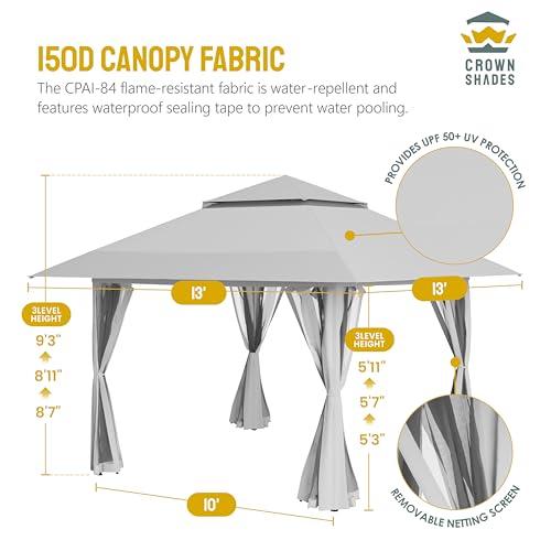 CROWN SHADES 13x13 Pop Up Gazebo with Wheeled STO-N-Go Cover Bag (Grey) N449398