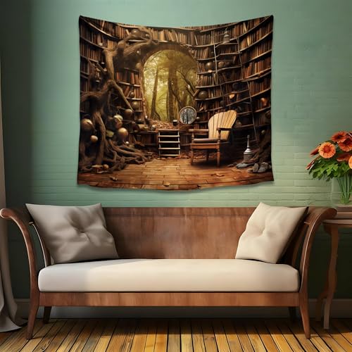 QGHOT Medieval Bookshelf Tapestry Vintage Library Wall Hanging P36533