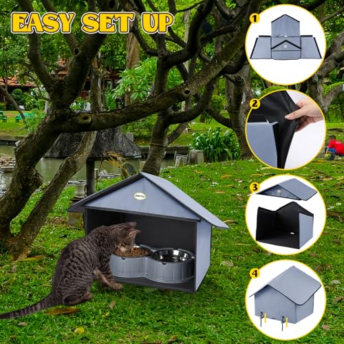 Dreyoo Outdoor Cat Feeding Station Weatherproof Shelter for Food & Water, Dusty Blue Y29685