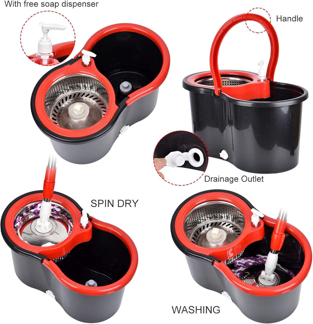 Mop Bucket with Wringer Set, 360 Rotation, 3 Microfiber Mop Heads, Black D15592