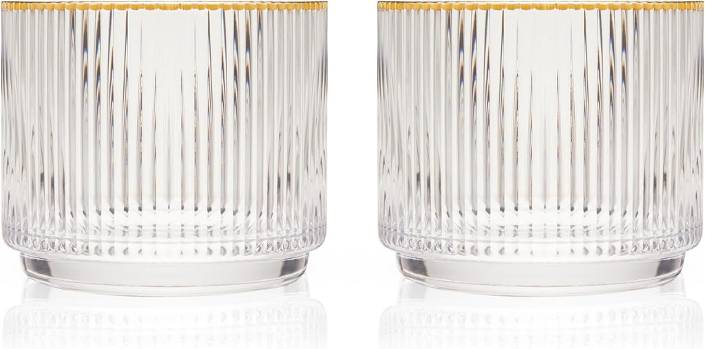 Viski Meridian Crystal Lowball Tumblers, Art Deco Whiskey Glasses, 12oz Set of 2 Q68876