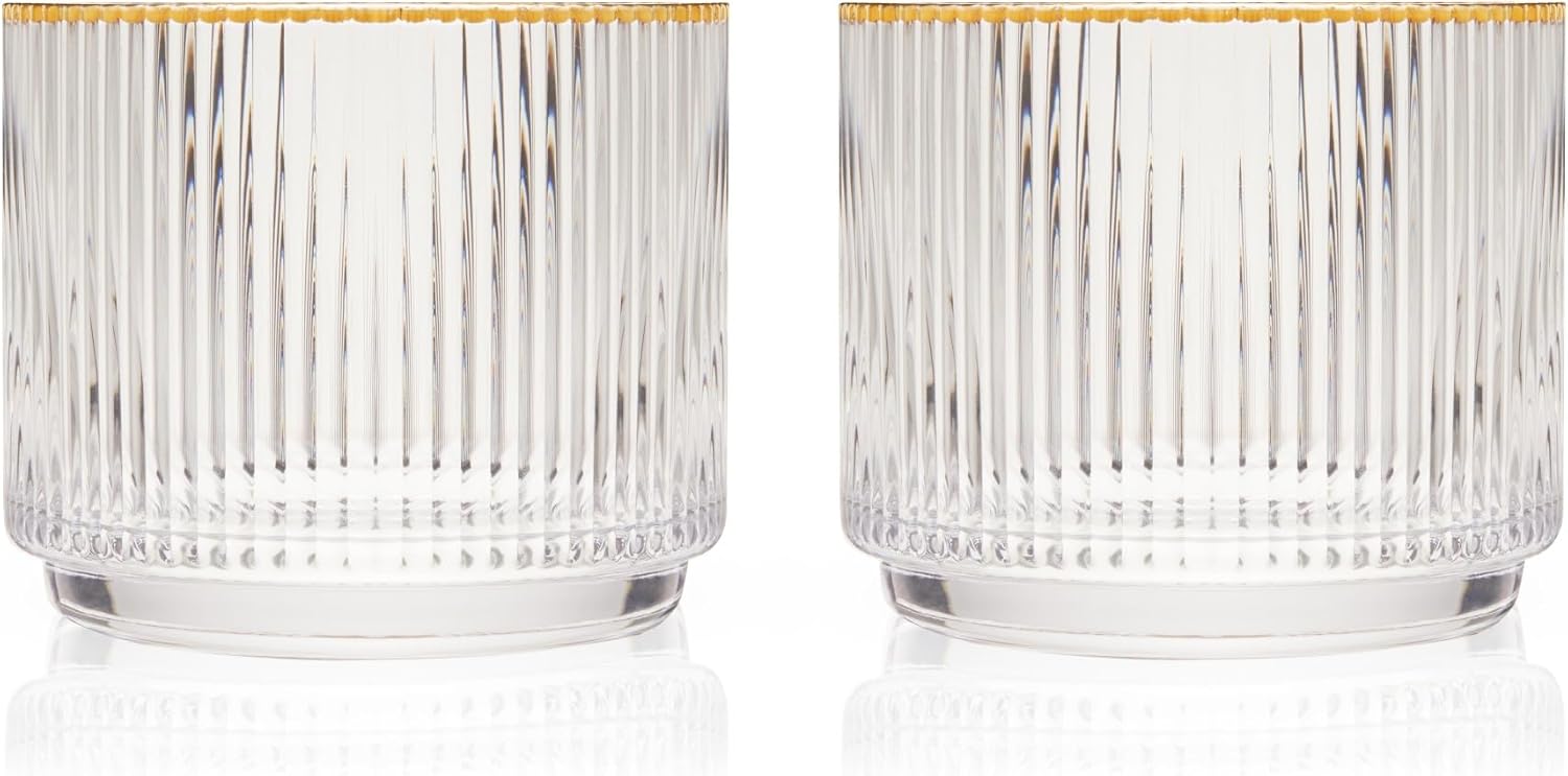 Viski Meridian Crystal Lowball Tumblers, Art Deco Whiskey Glasses, 12oz Set of 2 Q68876