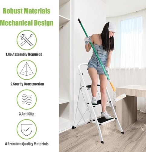 Soctone 2 Step Folding Ladder with Anti-Slip Pedal and Handrails, White V202