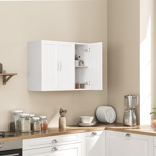 Yaheetech Bathroom Wall Cabinet with Three Doors and Adjustable Shelf, White D80401